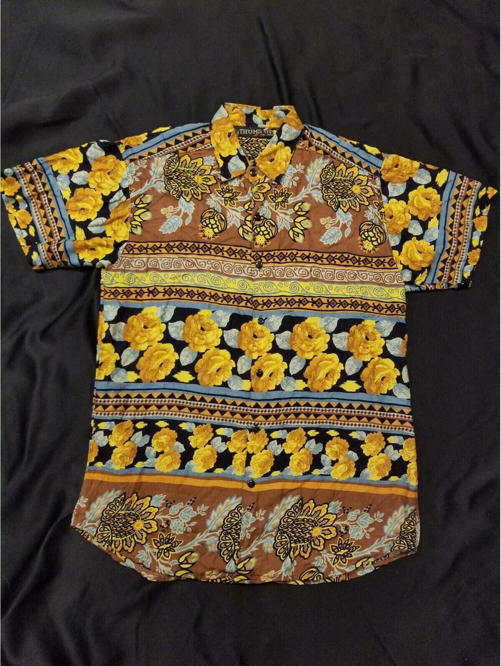 Vintage Mens Hawaiian Shirt Thums Up For Him Size S-M Gold Flowers Button Rayon